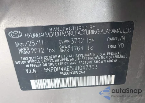 2011 Hyundai Elantra Gls from USA, damaged, VIN 5NPDH4AE5BH047803